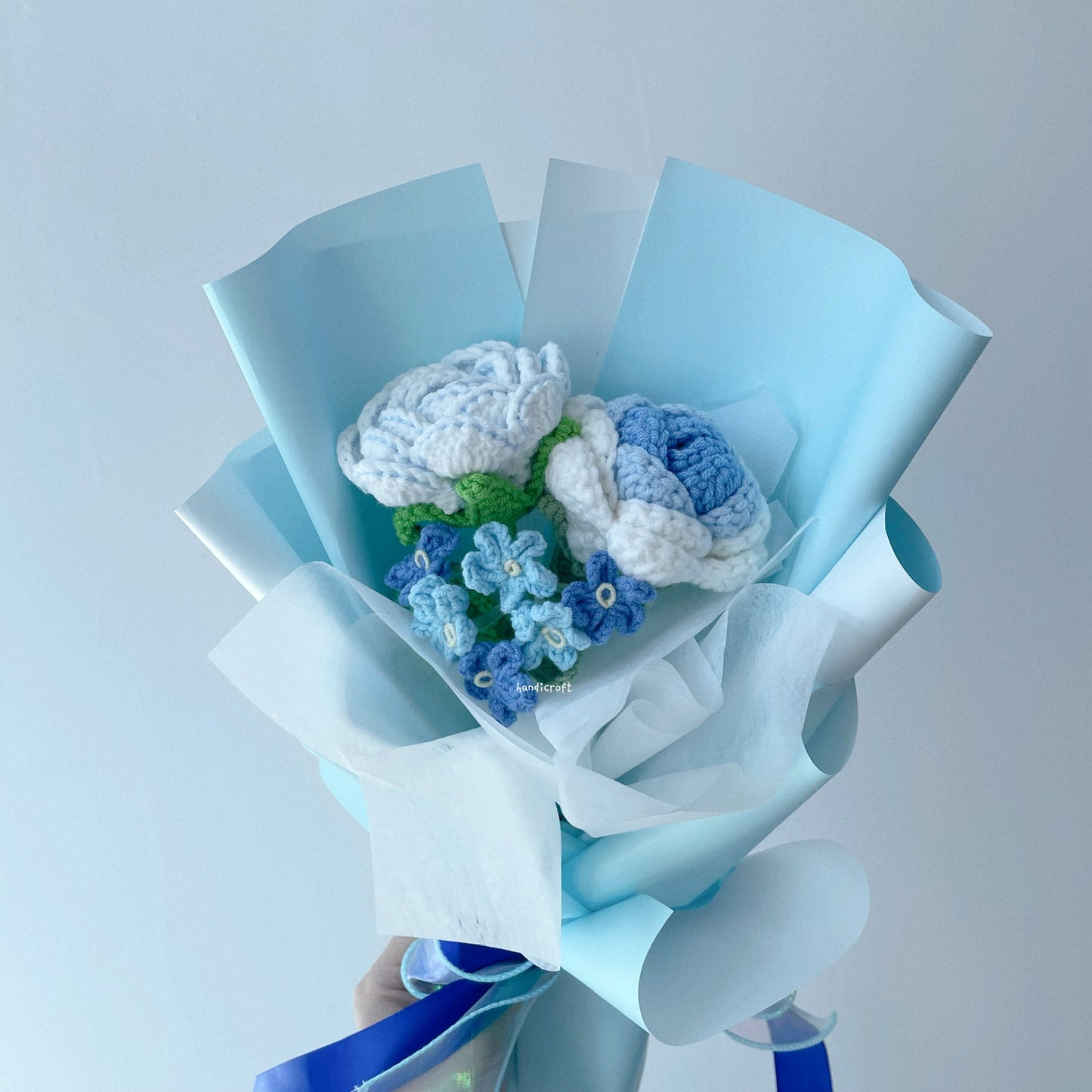 handicroft crochet flower bouquet trio of joy in blue 4