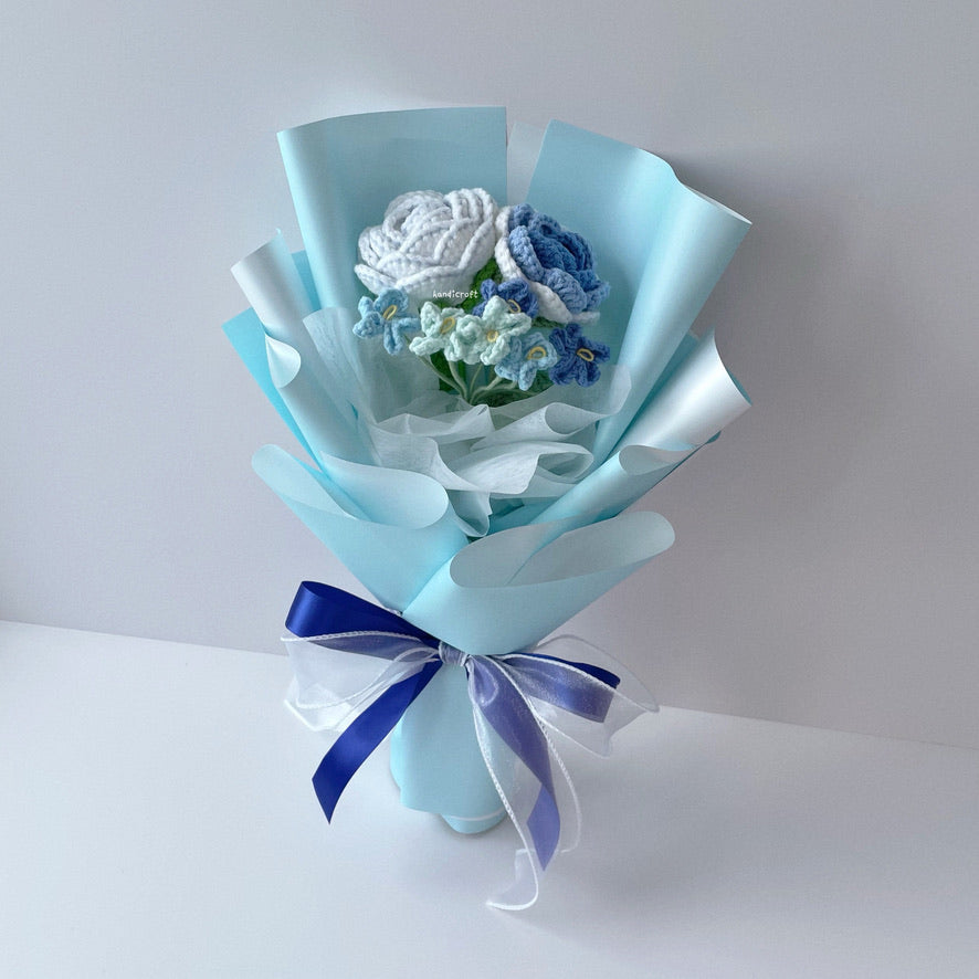 handicroft crochet flower bouquet trio of joy in blue