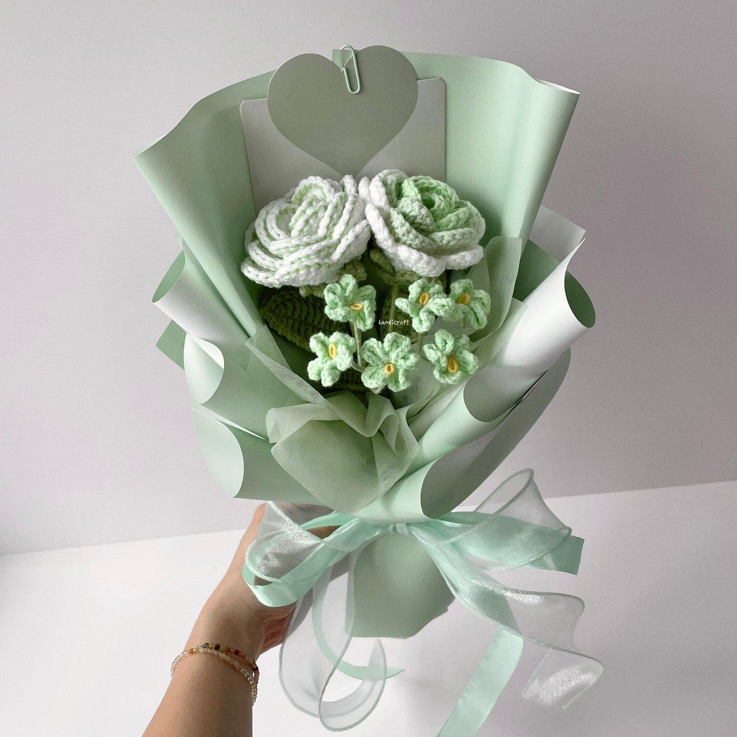 handicroft crochet flower bouquet trio of joy in green