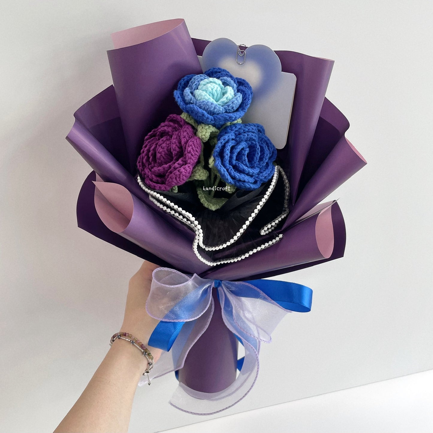 handicroft handmade crochet affordable dark purple & blue roses flower bouquet violet blueberry