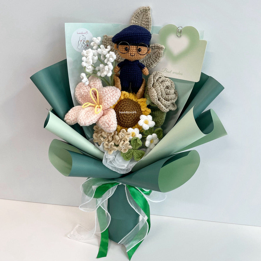 handicroft handmade crochet army soldier SCDF SPF flower bouquet POP ORD in service always skin shade #2 milk tea flowers green wrapping