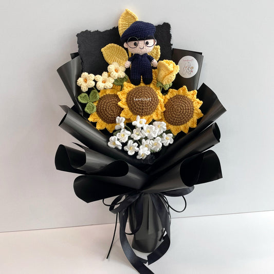 handicroft handmade crochet army soldier series SCDF SPF flower bouquet sunflower platoon shield black wrapping