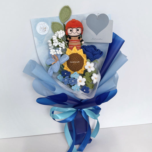 handicroft handmade crochet army soldier series flower bouquet SCDF firefighter suit blooming in fire blue