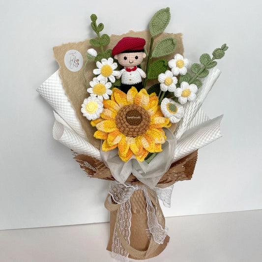handicroft handmade crochet army soldier series sunflower flower bouquet ORD sunshine in uniform red beret