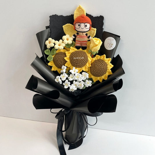handicroft handmade crochet army soldier series sunflower flower bouquet SCDF firefighter suit sunflower platoon flame black wrapping