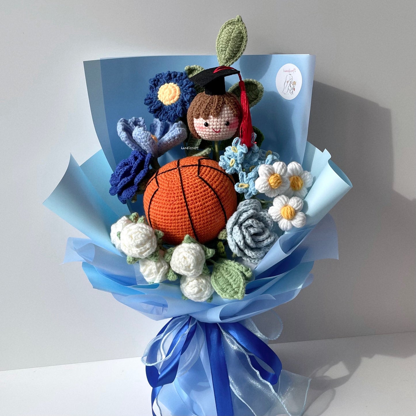 handicroft handmade crochet basketball graduation special blue flower bouquet goal-getter grad