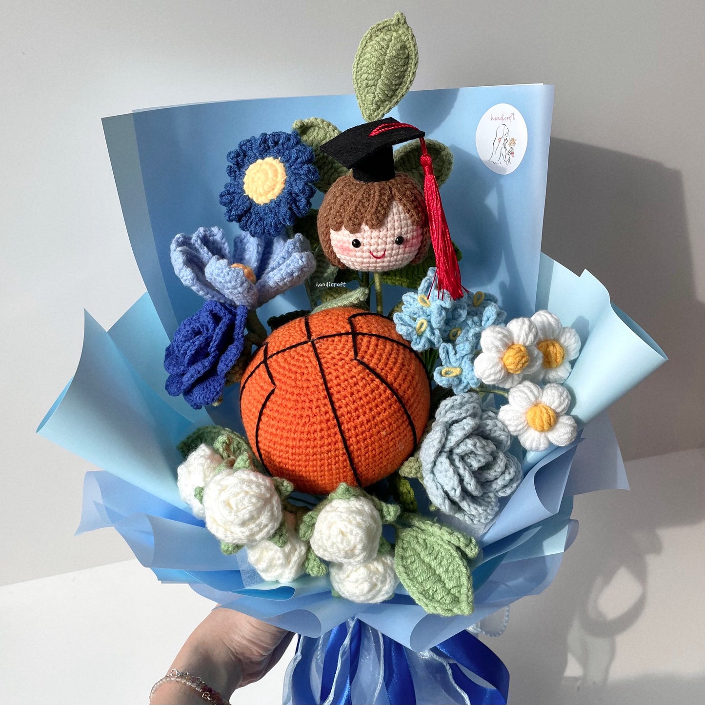 handicroft handmade crochet basketball graduation special blue flower bouquet goal-getter grad
