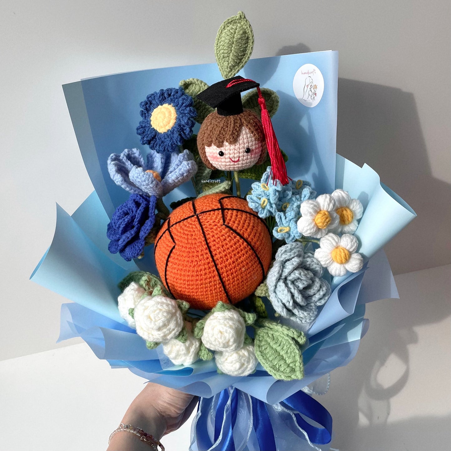 handicroft handmade crochet basketball graduation special blue flower bouquet goal-getter grad