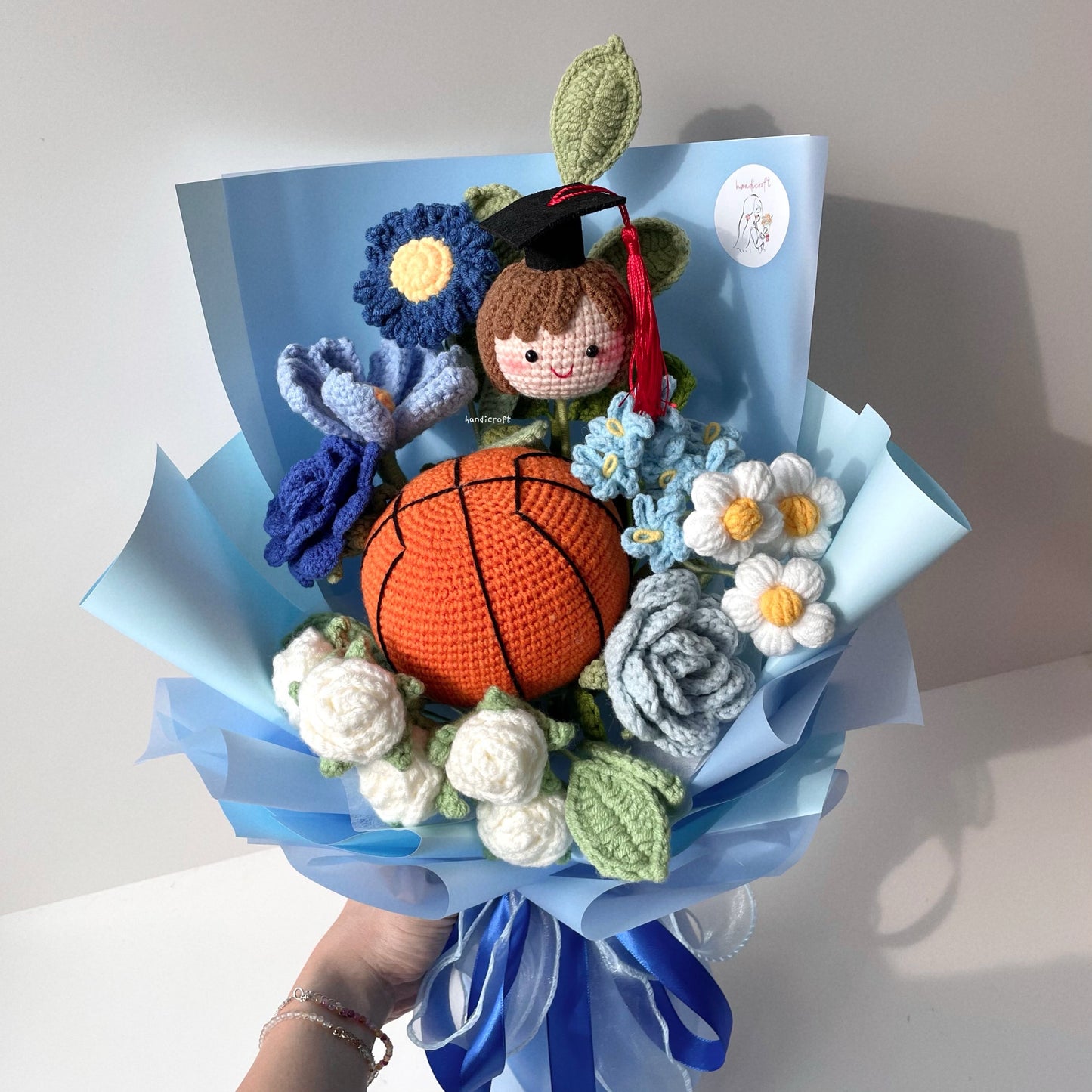 handicroft handmade crochet basketball graduation special blue flower bouquet goal-getter grad