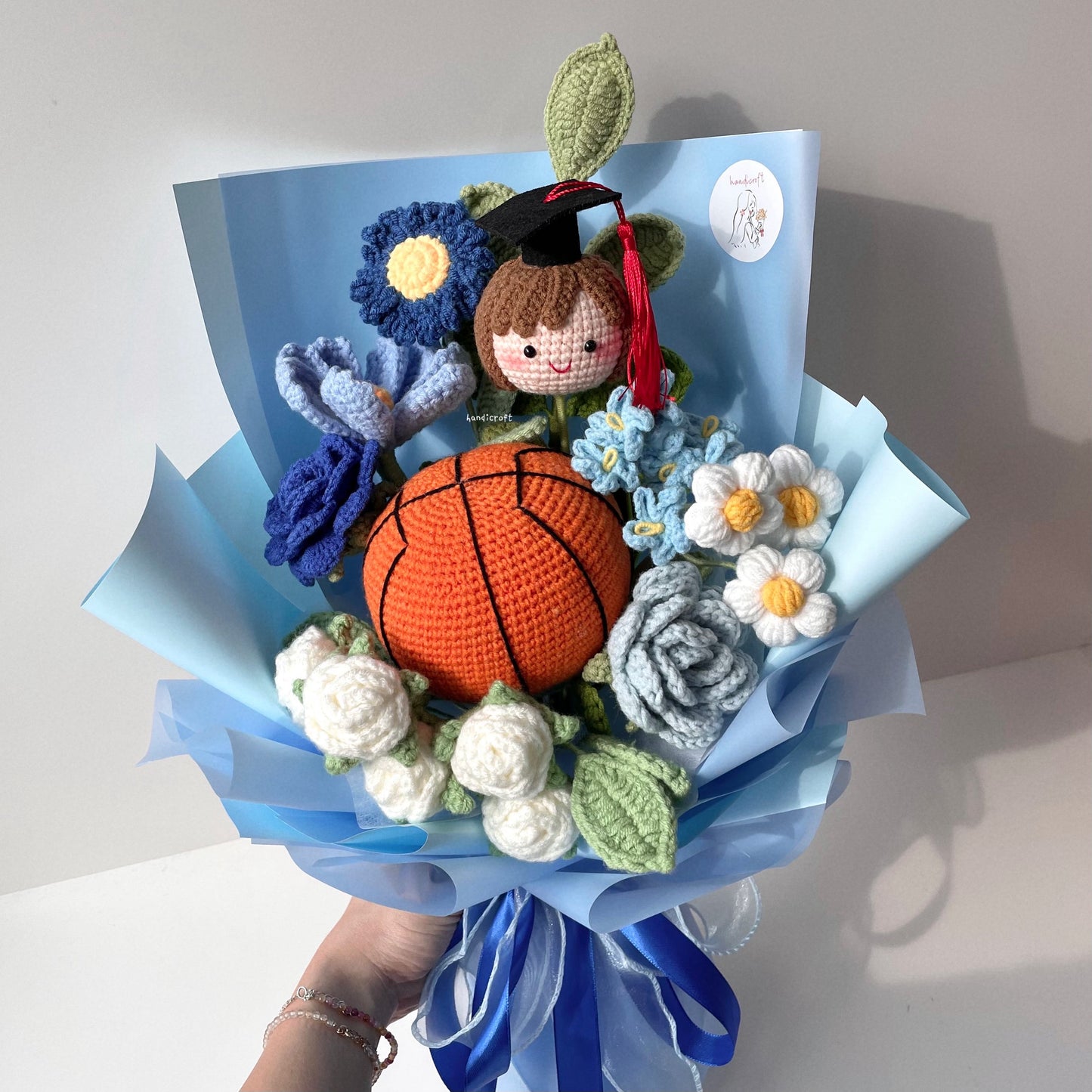 handicroft handmade crochet basketball graduation special blue flower bouquet goal-getter grad