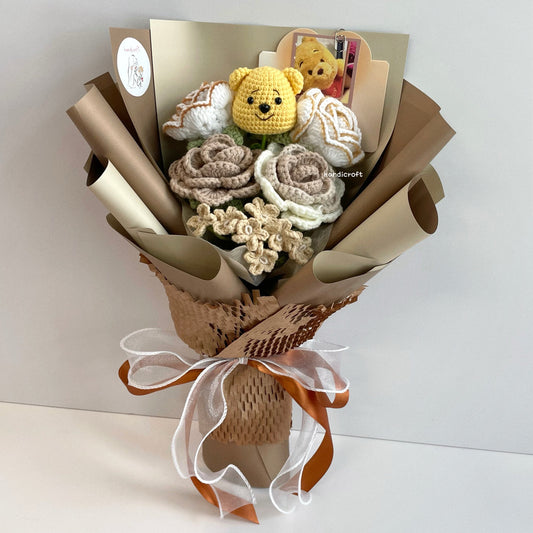 handicroft handmade crochet bear flower bouquet hunny latte