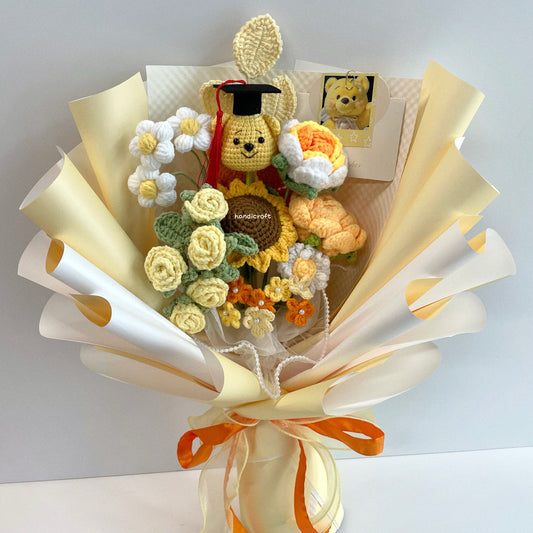 handicroft handmade crochet bear graduation flower bouquet golden daydream yellow