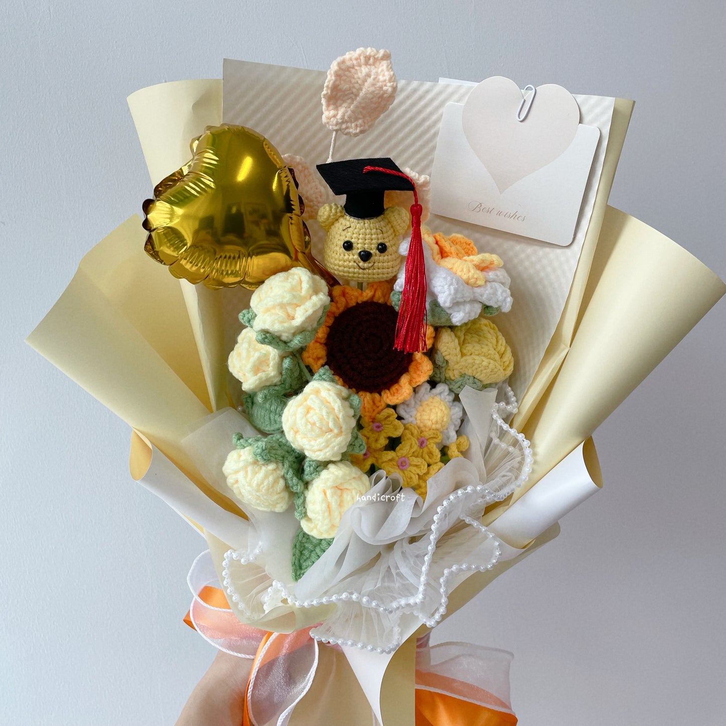 handicroft handmade crochet bear graduation flower bouquet golden daydream yellow