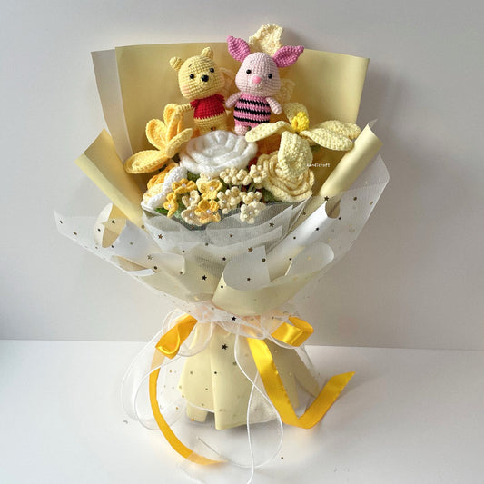 handicroft handmade crochet bear & piglet graduation flower bouquet sunshine & snuggles