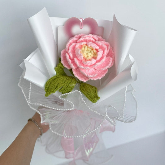 handicroft handmade crochet big pink peony flower bouquet peony promise