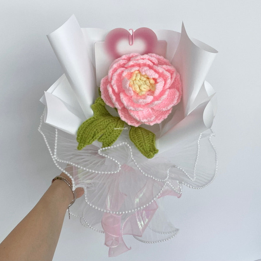 handicroft handmade crochet big pink peony flower bouquet peony promise