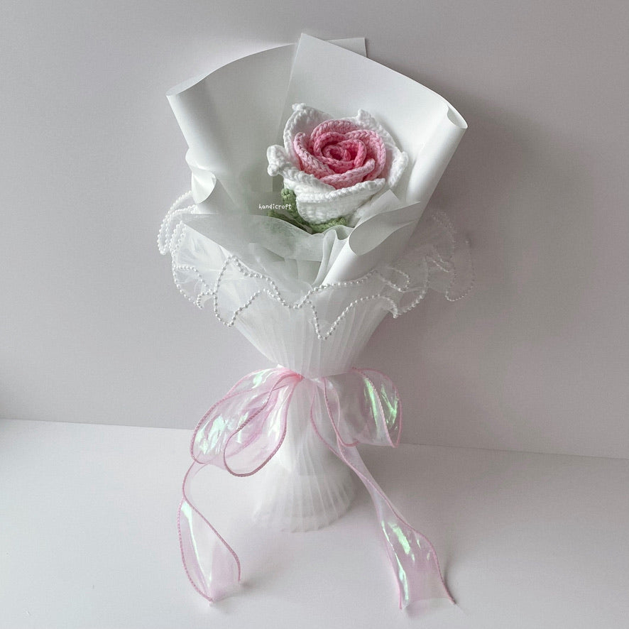handicroft handmade crochet big thai rose flower bouquet dear bloom white pink