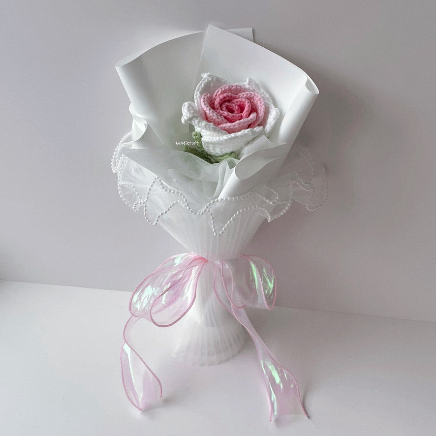 handicroft handmade crochet big thai rose flower bouquet dear bloom white pink