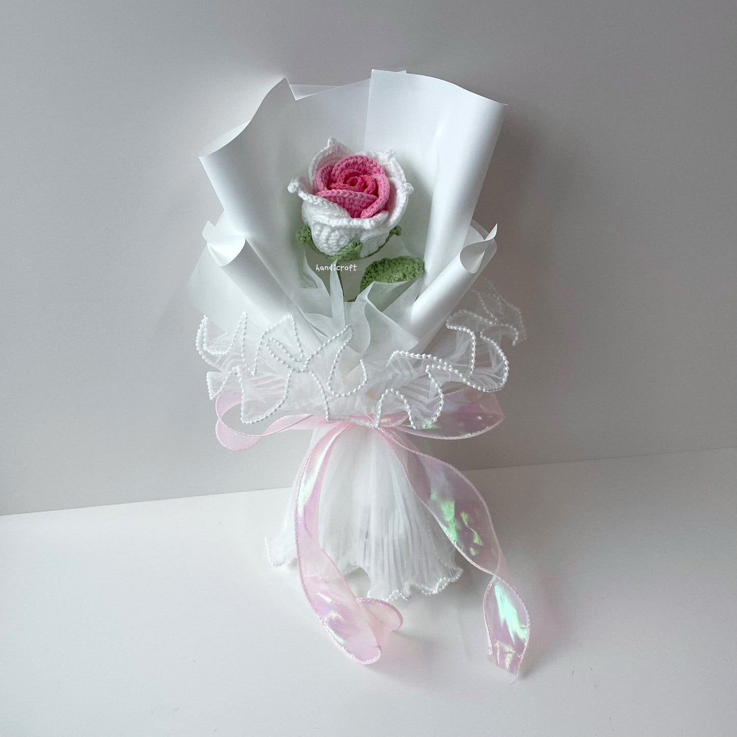 handicroft handmade crochet big thai rose flower bouquet dear bloom white pink