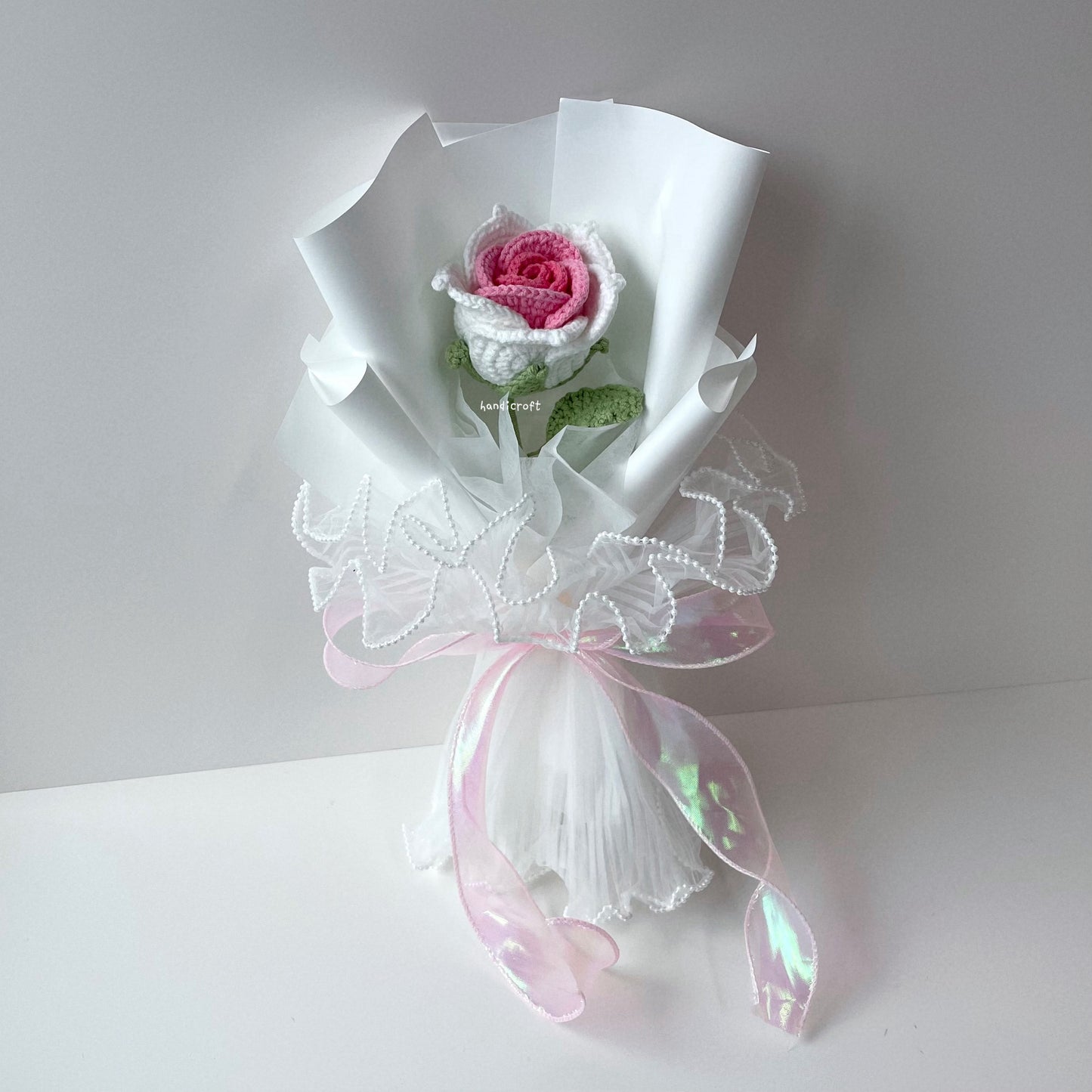 handicroft handmade crochet big thai rose flower bouquet dear bloom white pink