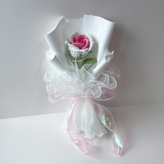 handicroft handmade crochet big thai rose flower bouquet dear bloom white pink