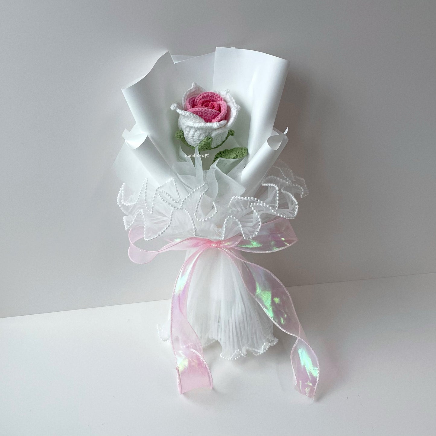 handicroft handmade crochet big thai rose flower bouquet dear bloom white pink