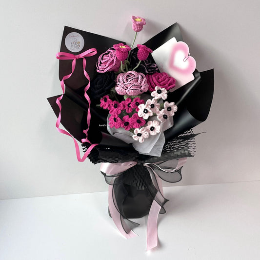 handicroft handmade crochet black & pink flower bouquet blackpink lovesick blooms