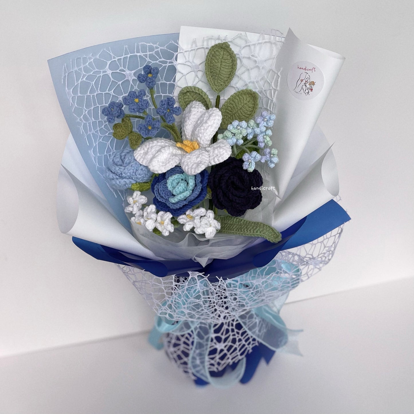 handicroft handmade crochet blue flower bouquet moon over ocean