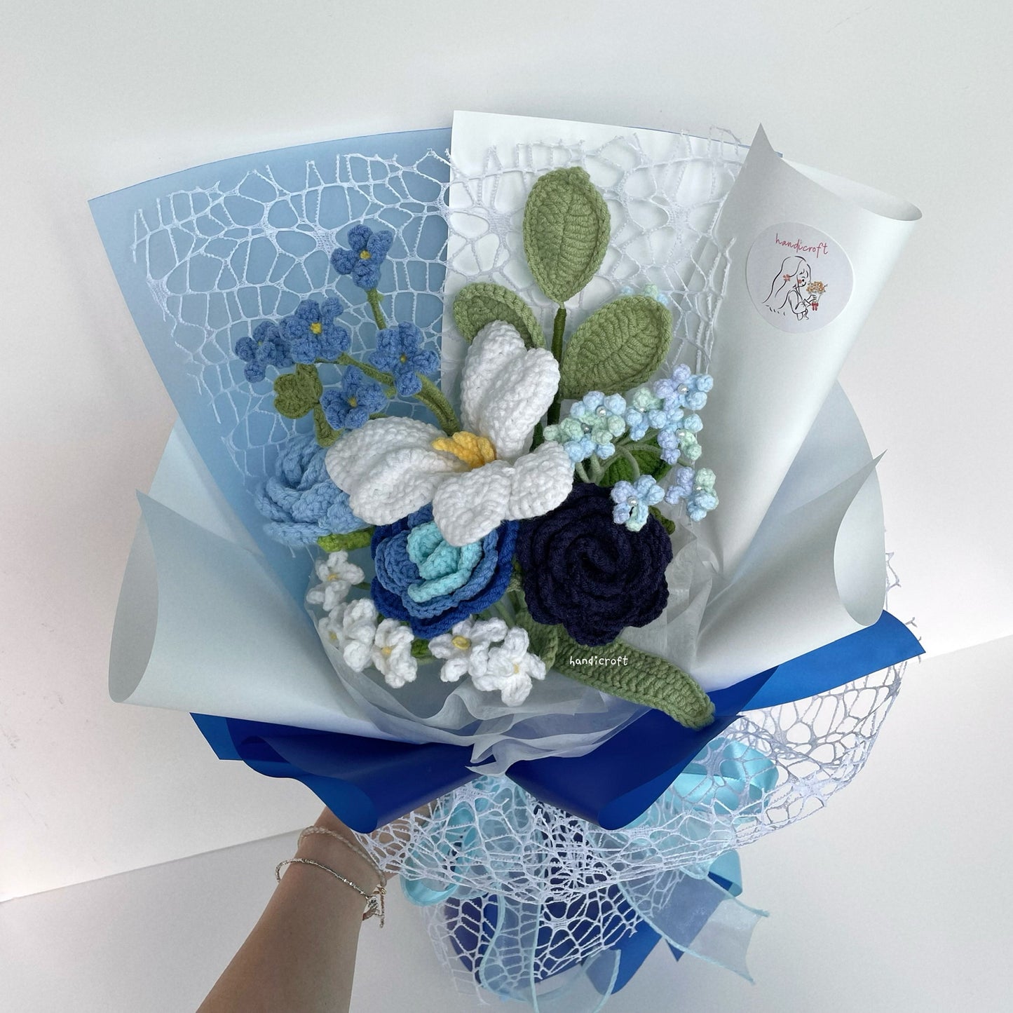 handicroft handmade crochet blue flower bouquet moon over ocean