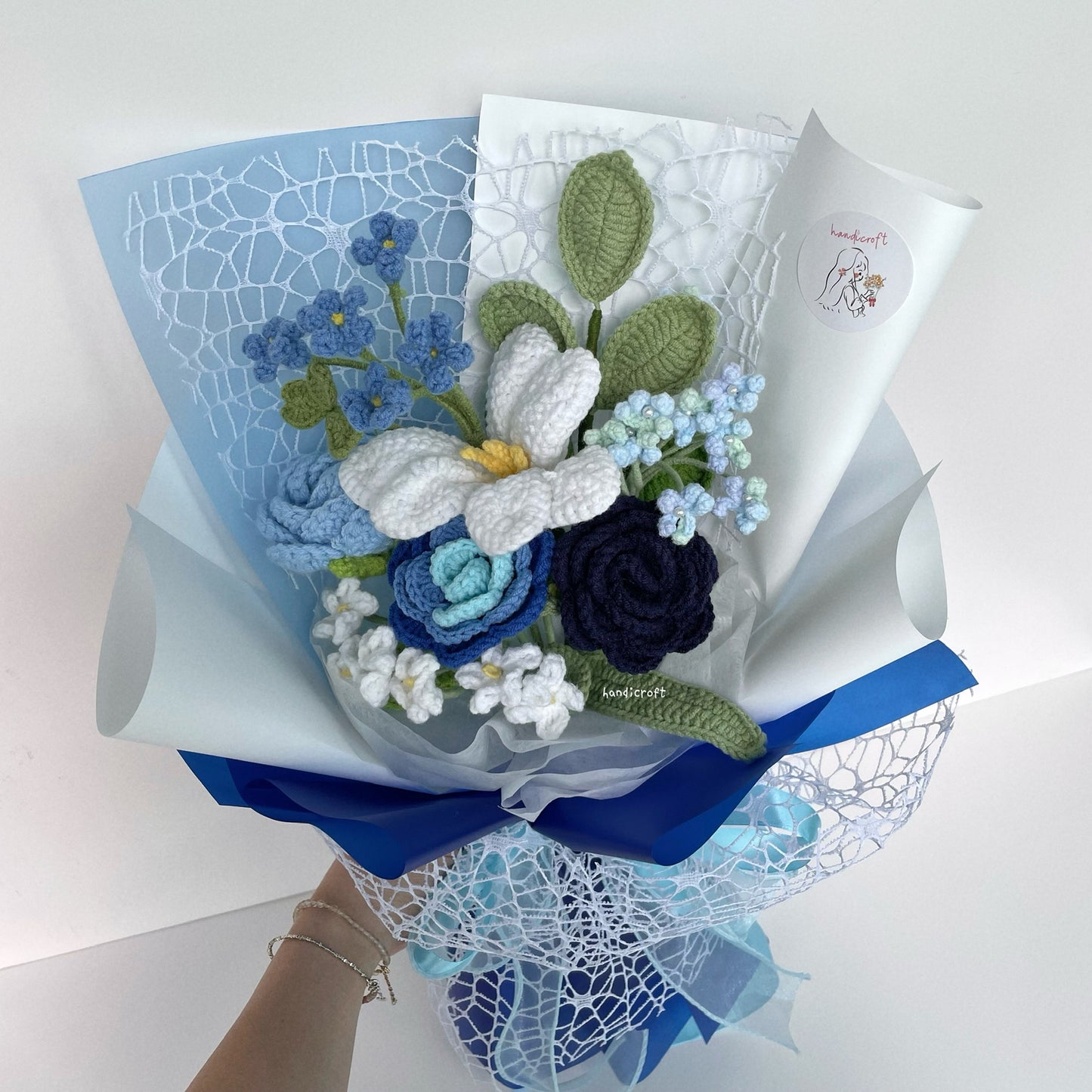 handicroft handmade crochet blue flower bouquet moon over ocean