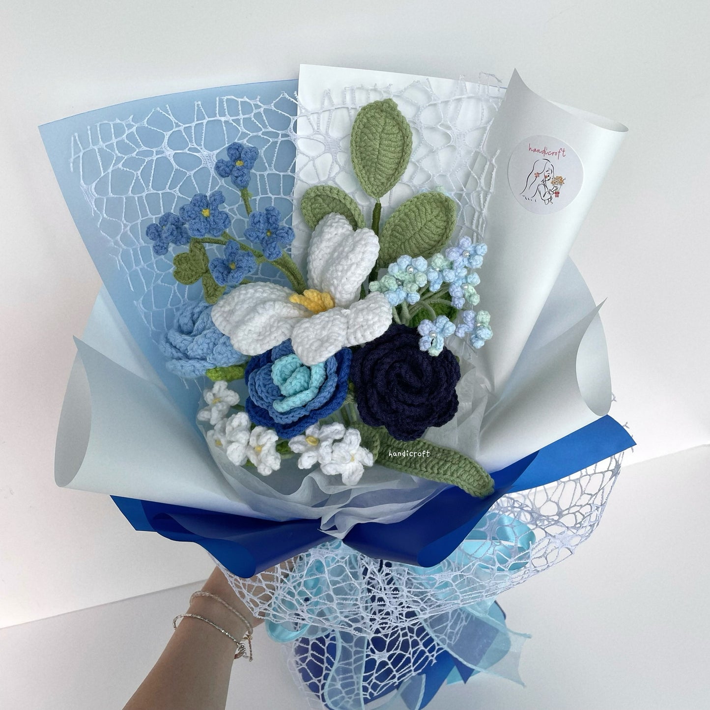 handicroft handmade crochet blue flower bouquet moon over ocean