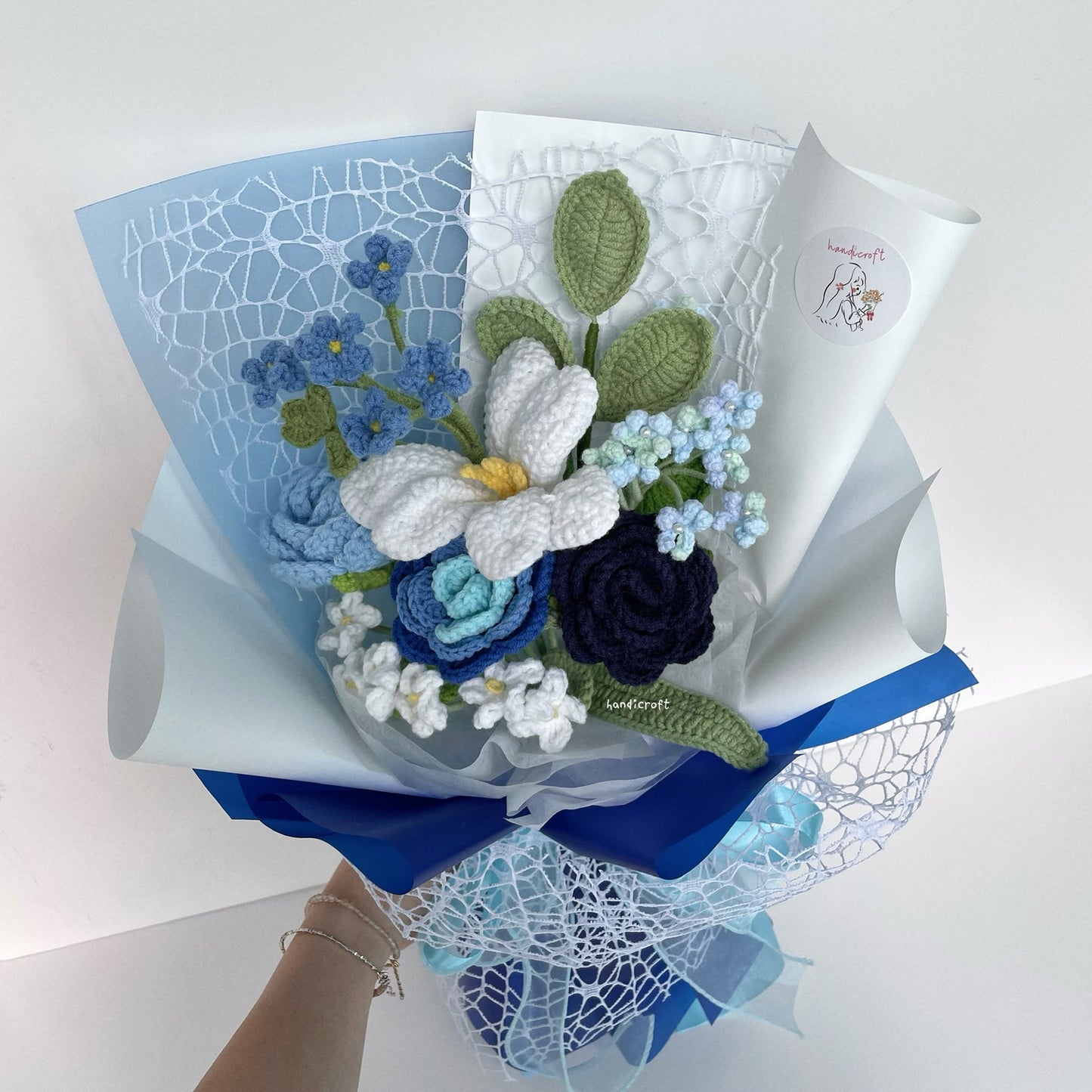 handicroft handmade crochet blue flower bouquet moon over ocean