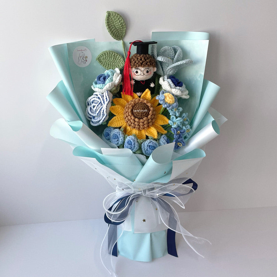 handicroft handmade crochet blue graduation flower bouquet sky's the limit