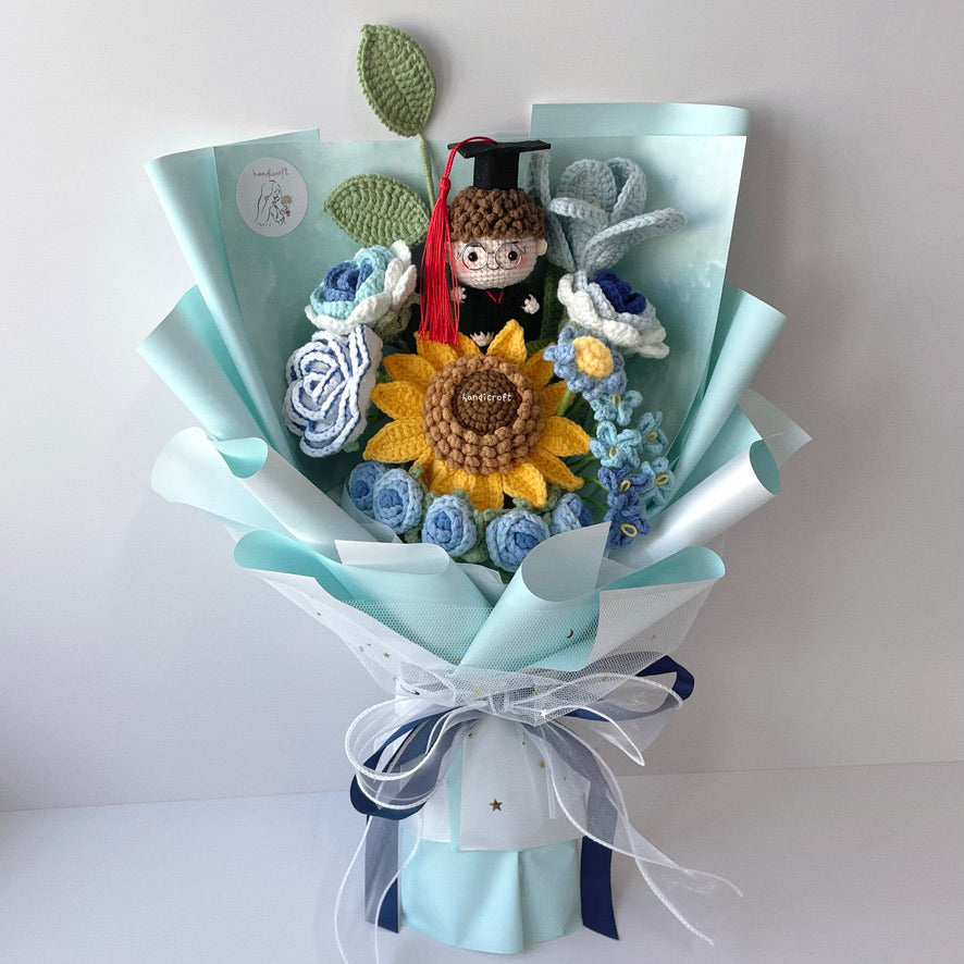 handicroft handmade crochet blue graduation flower bouquet sky's the limit