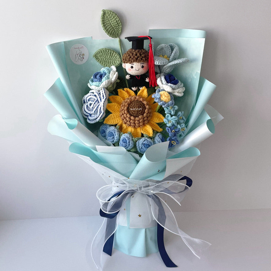 handicroft handmade crochet blue graduation flower bouquet sky's the limit