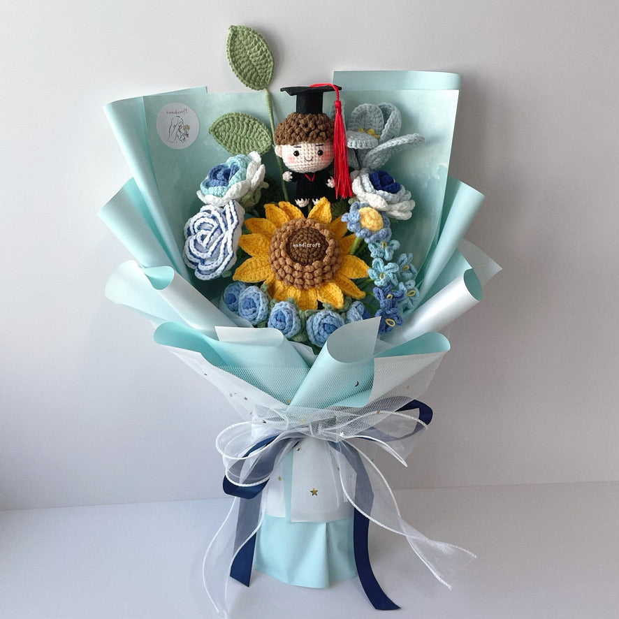 handicroft handmade crochet blue graduation flower bouquet sky's the limit