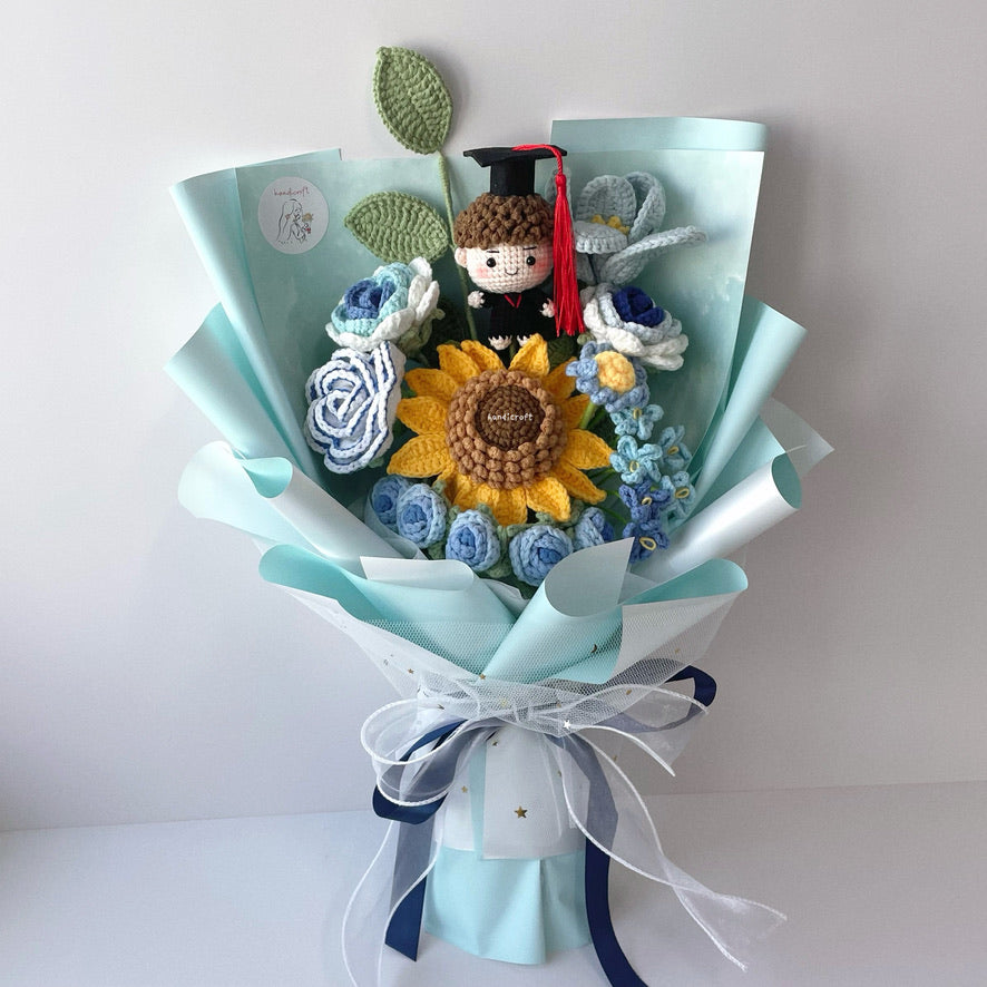 handicroft handmade crochet blue graduation flower bouquet sky's the limit