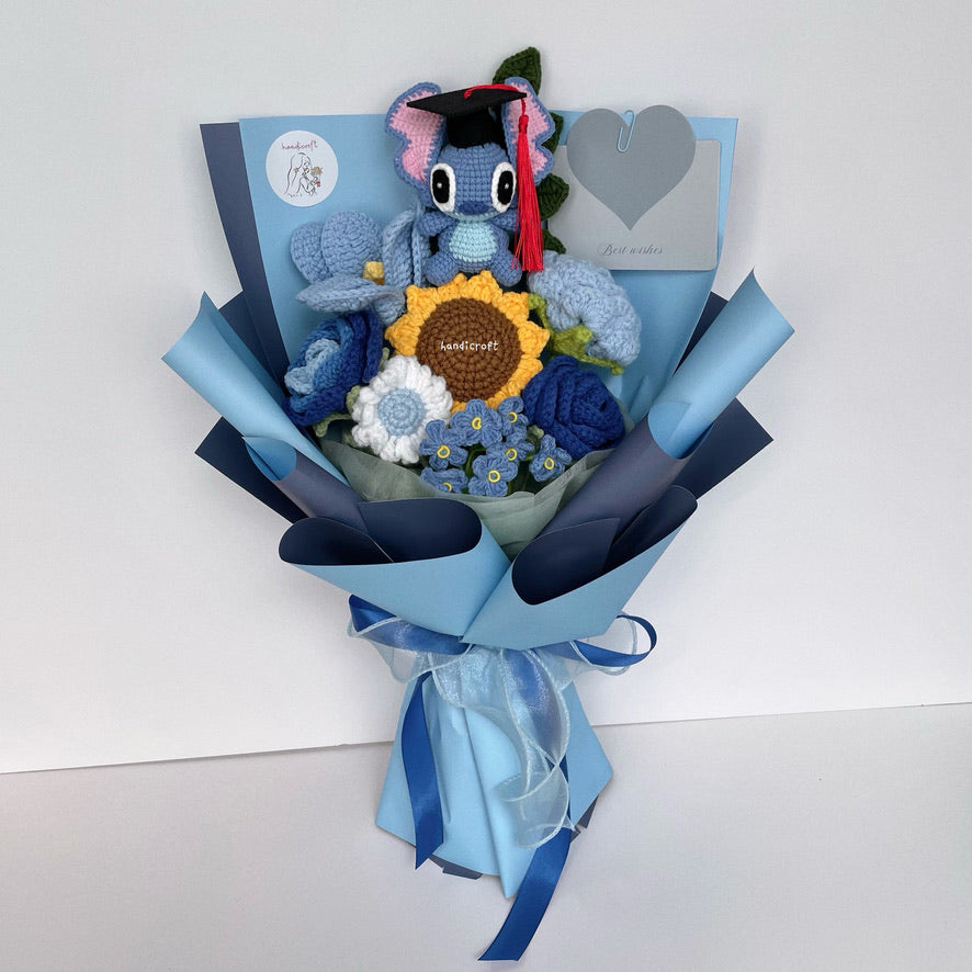 handicroft handmade crochet blue stitch flower bouquet stitch to success graduation edition