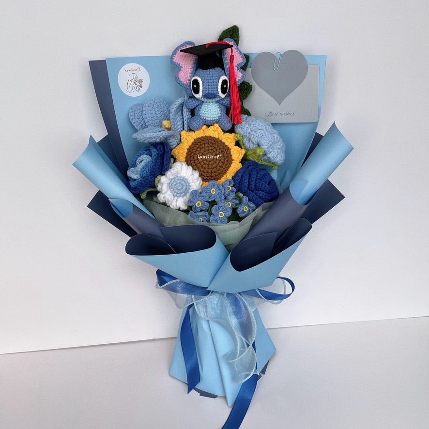 handicroft handmade crochet blue stitch flower bouquet stitch to success graduation edition