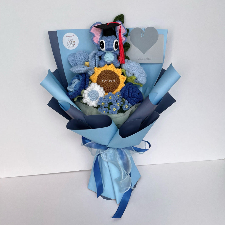 handicroft handmade crochet blue stitch flower bouquet stitch to success graduation edition