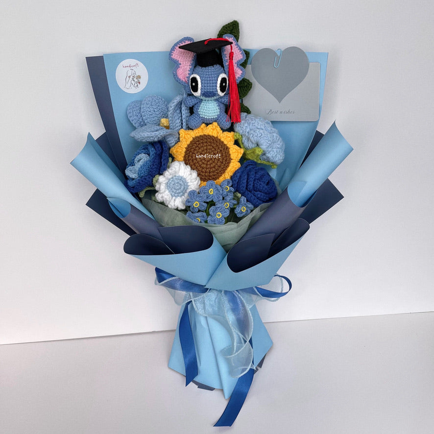 handicroft handmade crochet blue stitch flower bouquet stitch to success graduation edition