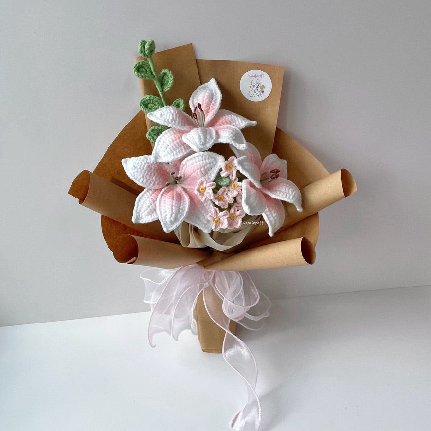 handicroft handmade crochet blush pink lily flower bouquet lily love poem