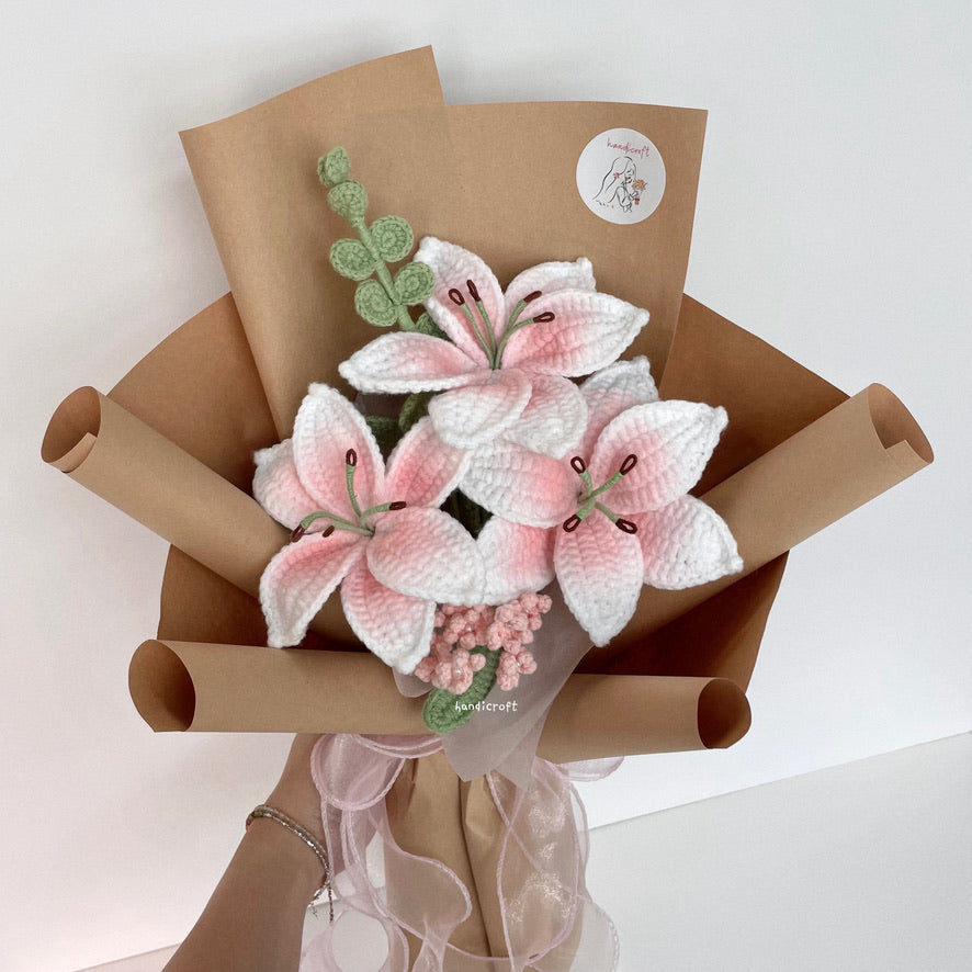 handicroft handmade crochet blush pink lily flower bouquet lily love poem