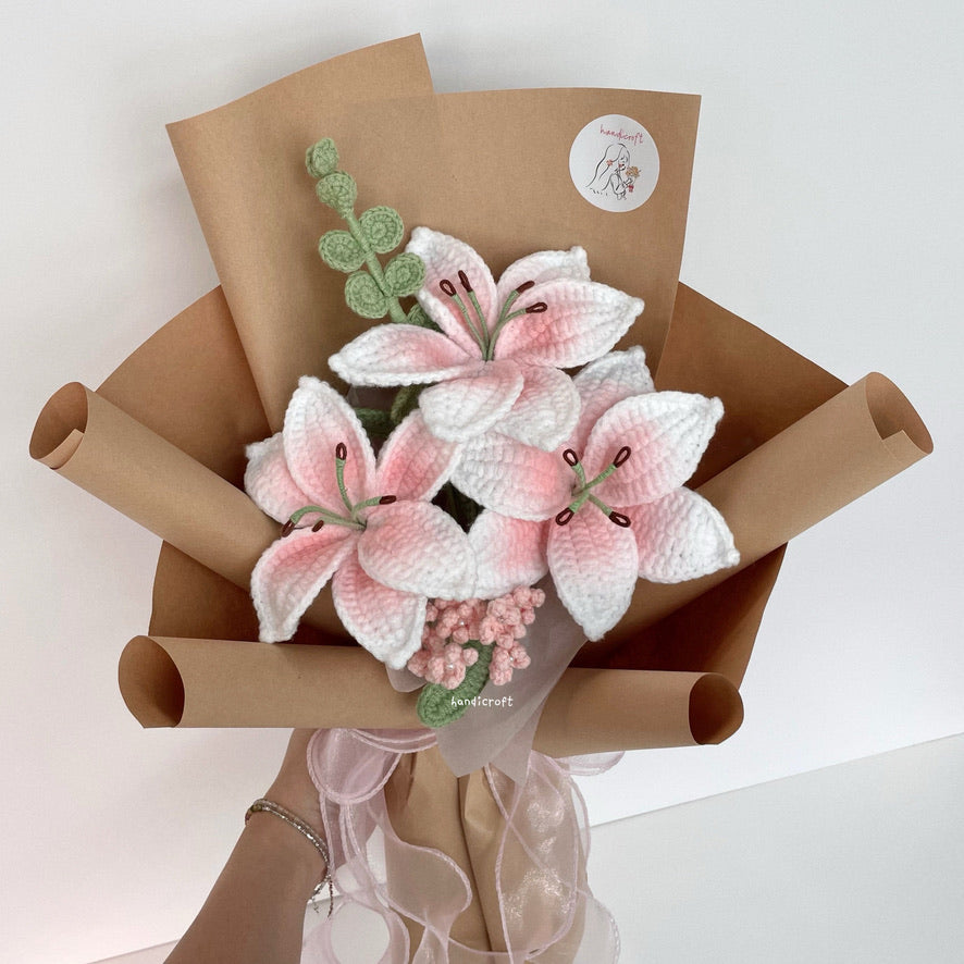 handicroft handmade crochet blush pink lily flower bouquet lily love poem