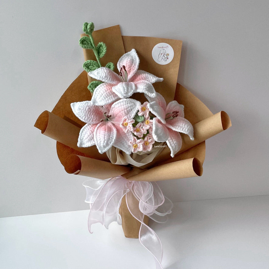 handicroft handmade crochet blush pink lily flower bouquet lily love poem