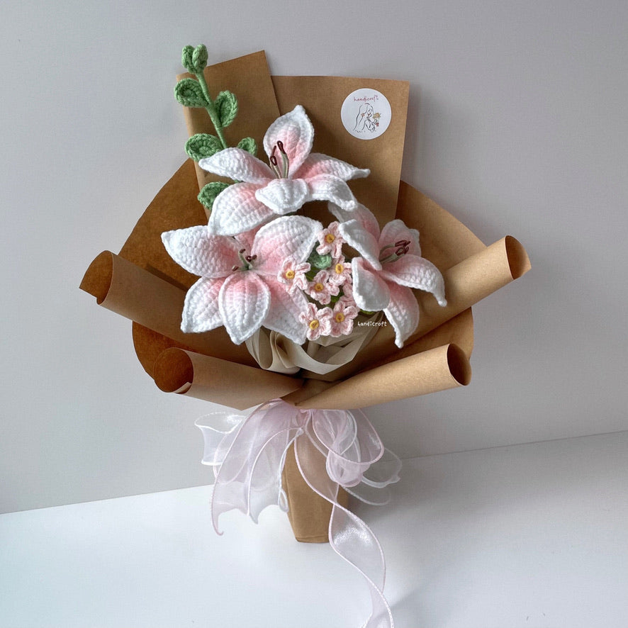 handicroft handmade crochet blush pink lily flower bouquet lily love poem