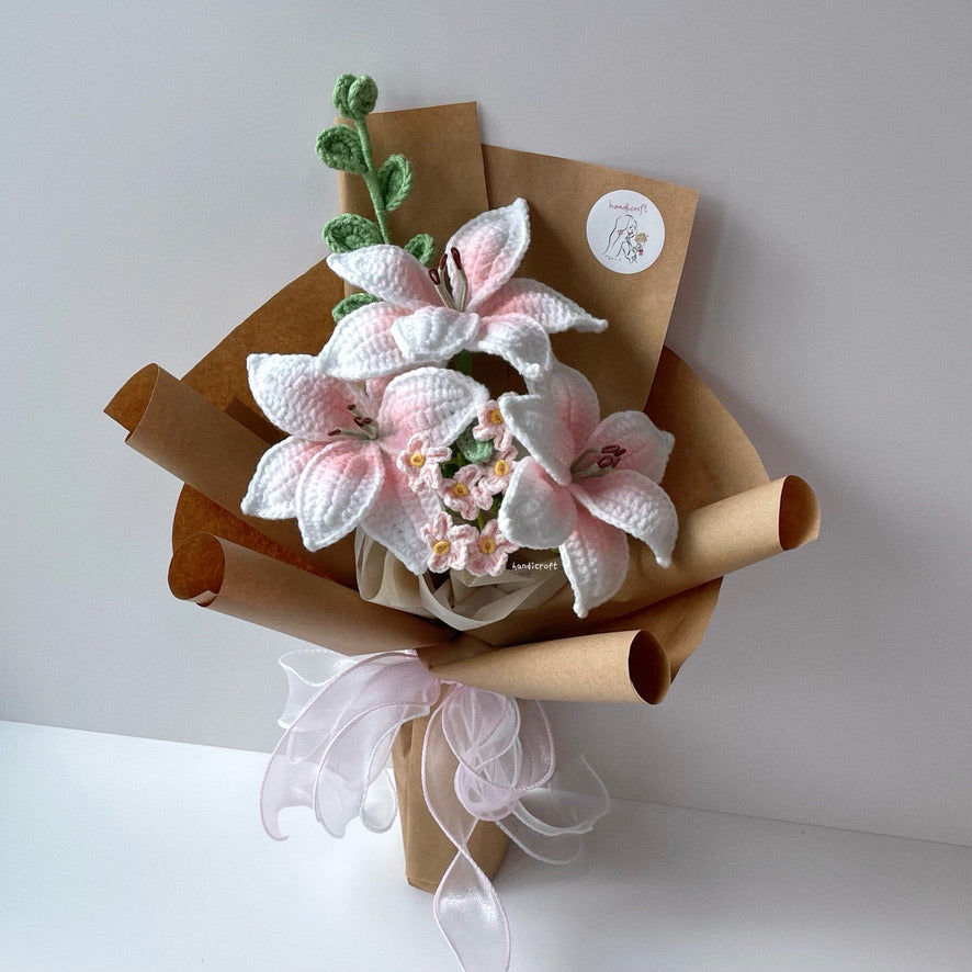 handicroft handmade crochet blush pink lily flower bouquet lily love poem