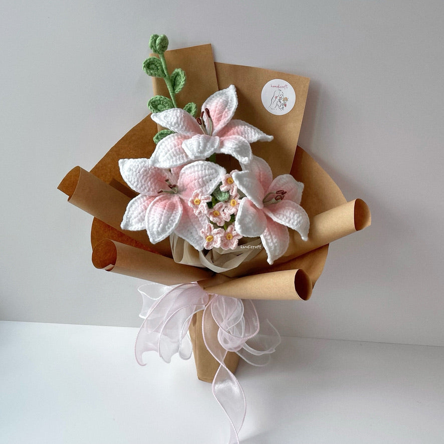 handicroft handmade crochet blush pink lily flower bouquet lily love poem