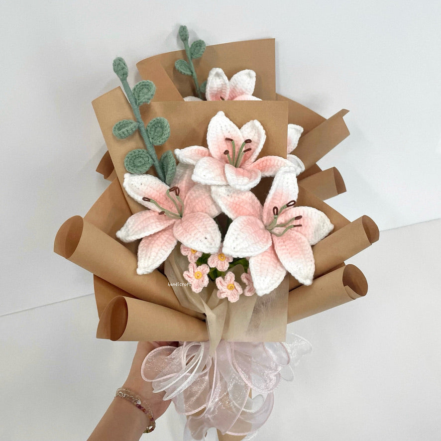 handicroft handmade crochet blush pink lily flower bouquet lily love poem