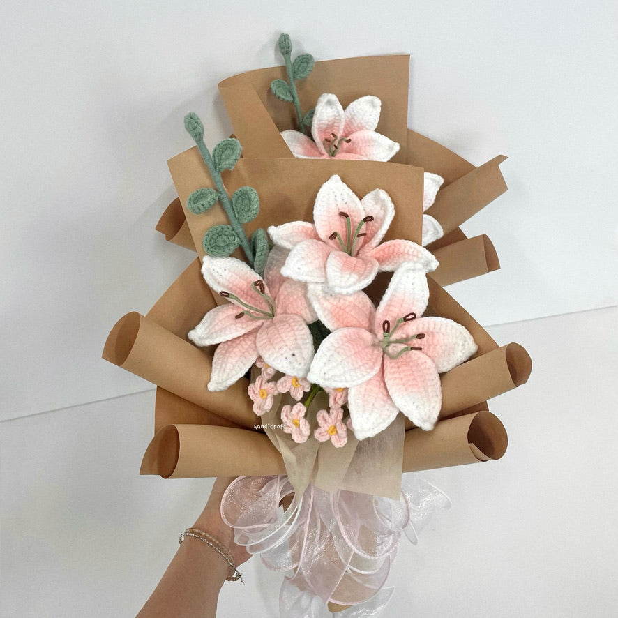 handicroft handmade crochet blush pink lily flower bouquet lily love poem